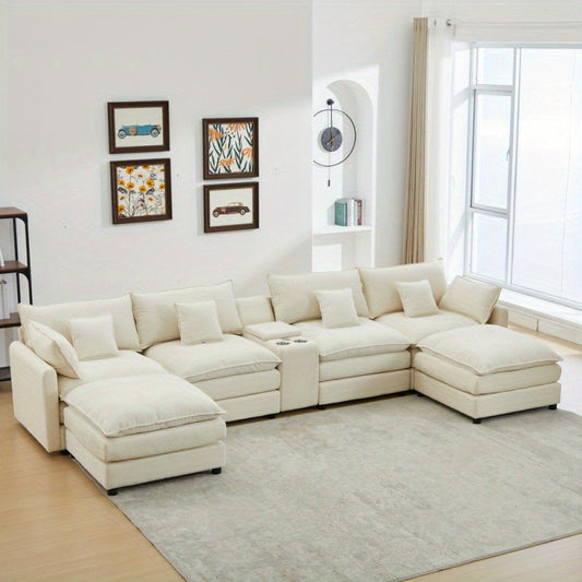 4-Piece U-Shaped Chenille Sectional Sofa with Cup Holders, Modern Couch