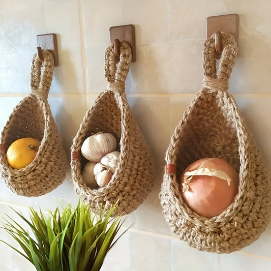 3pcs Boho Macrame Wall Baskets – Fruit & Veggie Storage Hooks