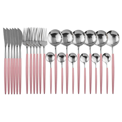 24pcs Western Cutlery Set-Pink & Silver