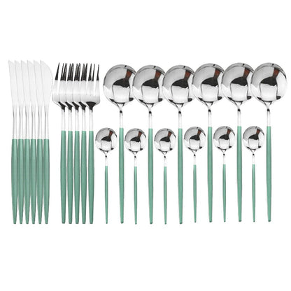 24pcs Western Cutlery Set-Silver & Green