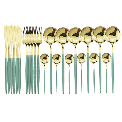 24pcs Western Cutlery Set-Green & Gold