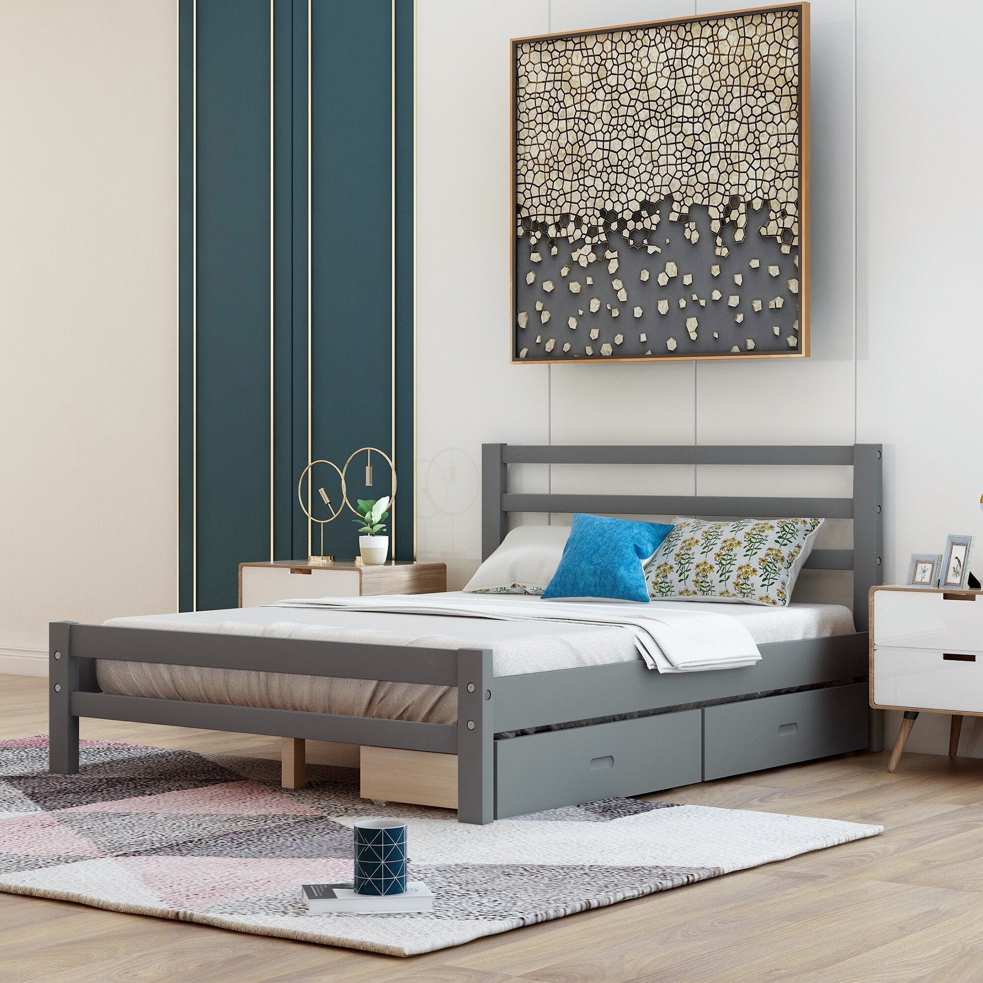 Wooden Bed With Two Drawers In Grey Color