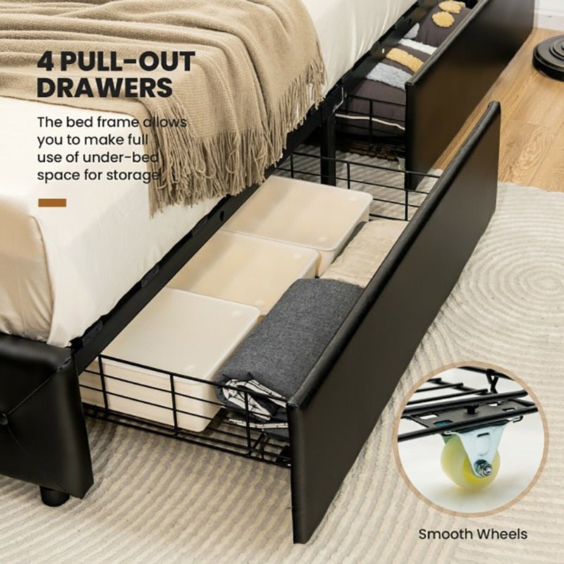 Leather Upholstered Platform Bed With 4 Drawers