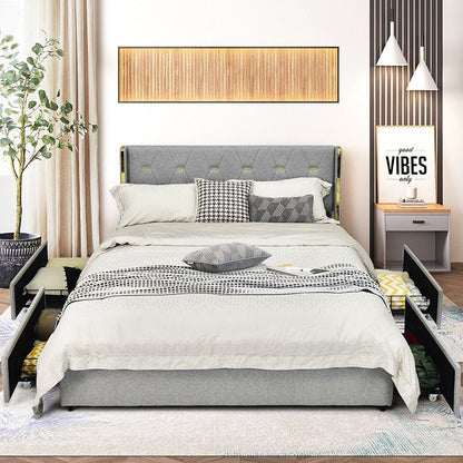 Modern Bed Frame With 4 Storage Drawers