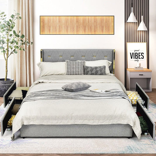 Modern Bed Frame With 4 Storage Drawers