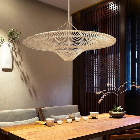 The West Decor Nordic Umbrella Rattan Chandelier - Japanese Wicker Pendant Light for Living Room Bedroom Hall Dining Room Designer lamp