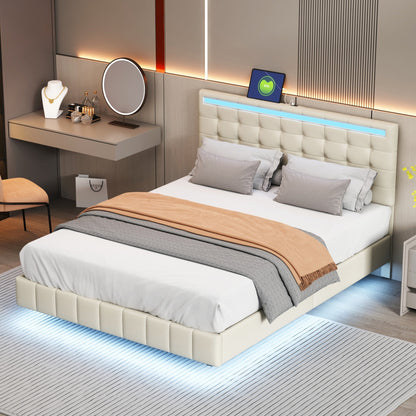 Beige Floating Bed Frame