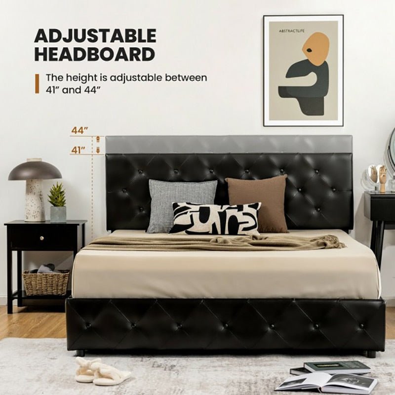 Leather Upholstered Platform Bed With Adjustable Headboard