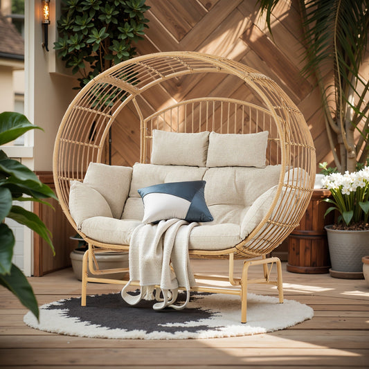 2-Person Yellow PE Rattan Egg-Shaped Outdoor Recliner Rocking Chair with Cushion