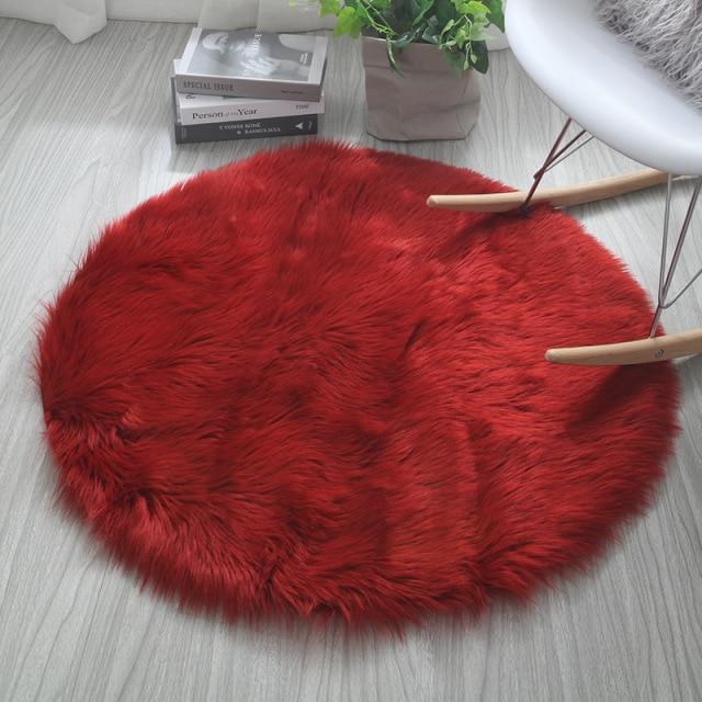 Round Fur Area Rug Red
